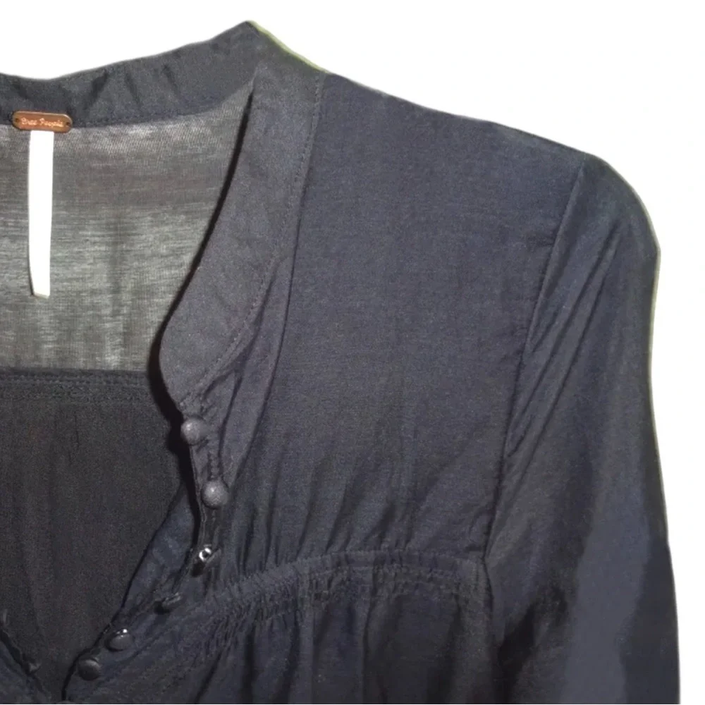 Free People Layers of Black Top XSMALL 2 Mandarin Collar Cotton Silk Breathable
